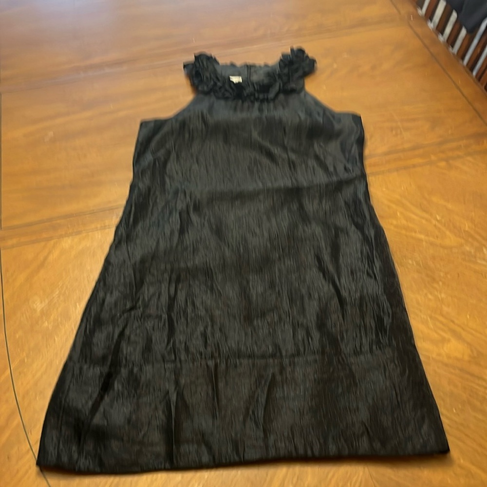 London Times Black sleeveless high neck satin prom dress w/ ruffle  Sz 8 EUC